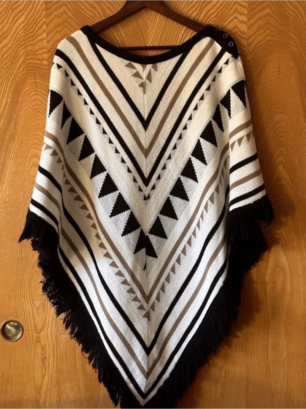 Vintage Fringed Geometric Knit Poncho - Black, Cream & Tan